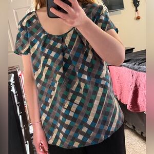 Silk Plaid Scoop Neck Top